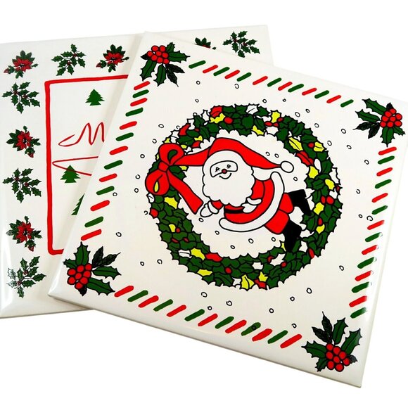 Unbranded Other - Christmas Holiday 6x6" Tile Coaster Set of 2 Vintage 1980s Santa Poinsettias